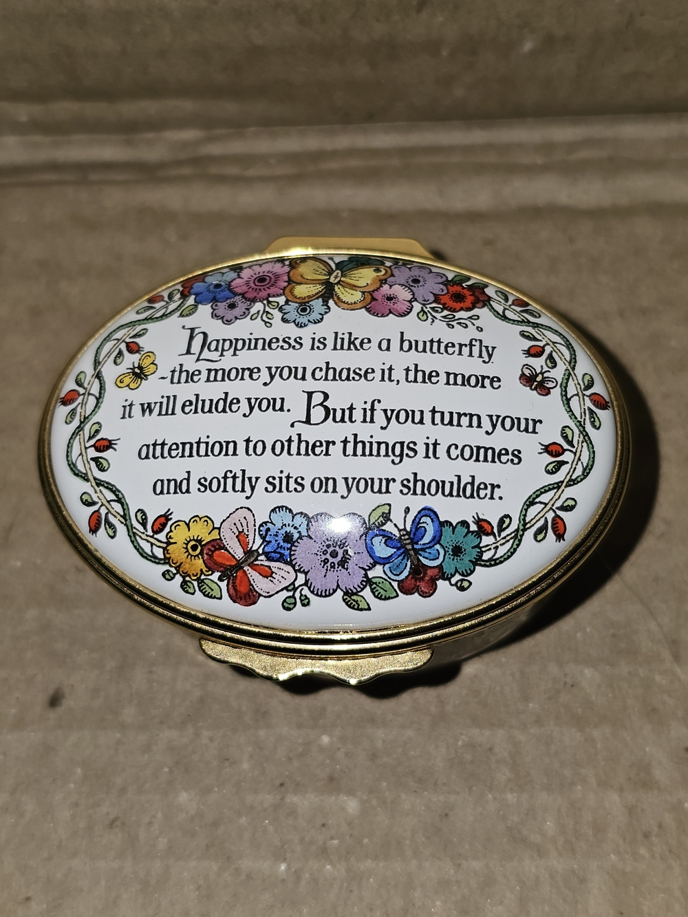 Oval Floral Butterfly Trinket Box - White and Gold